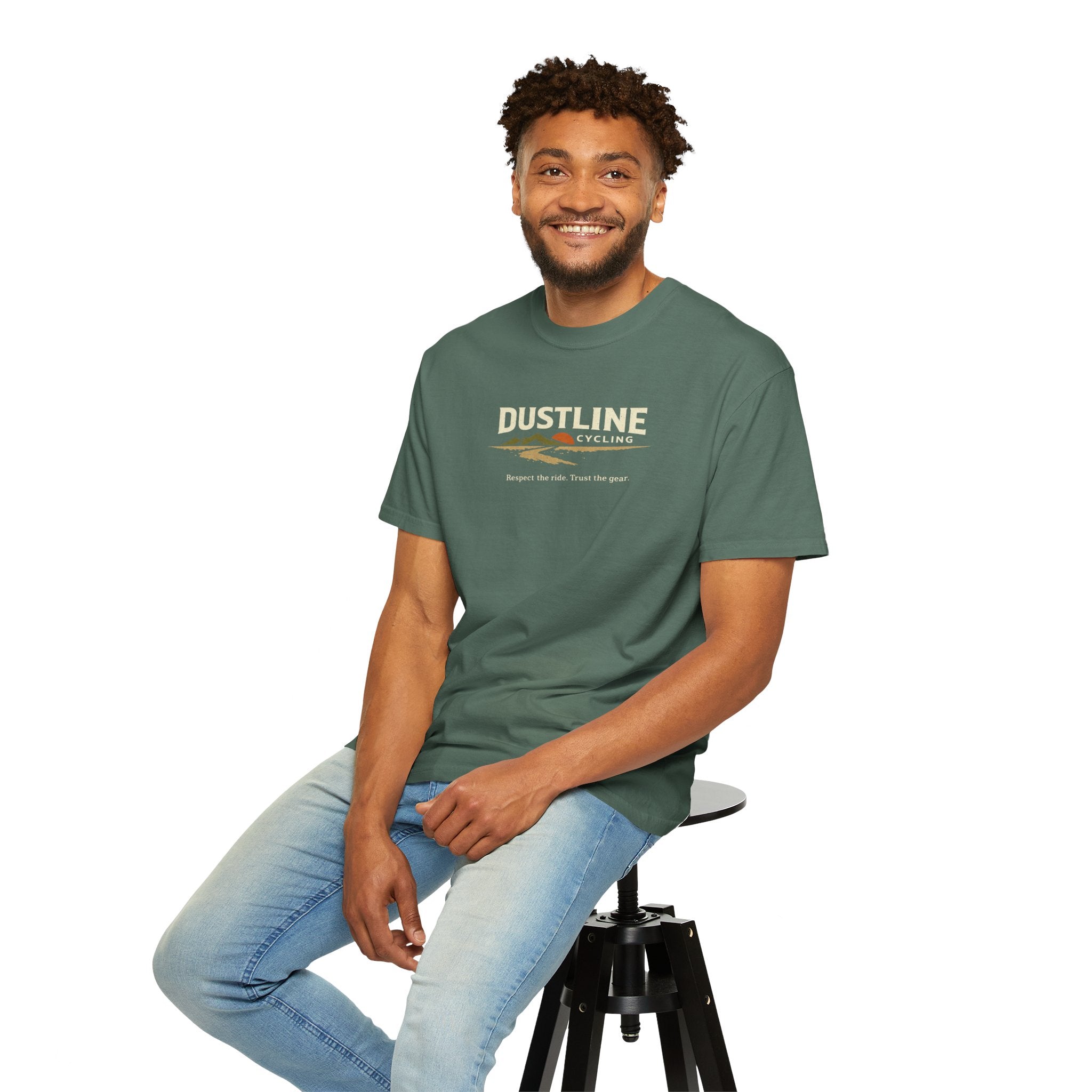Dustline Cycling T-Shirt — Mountain Ride Graphic Tee ("Respect the ride. Trust the gear.")