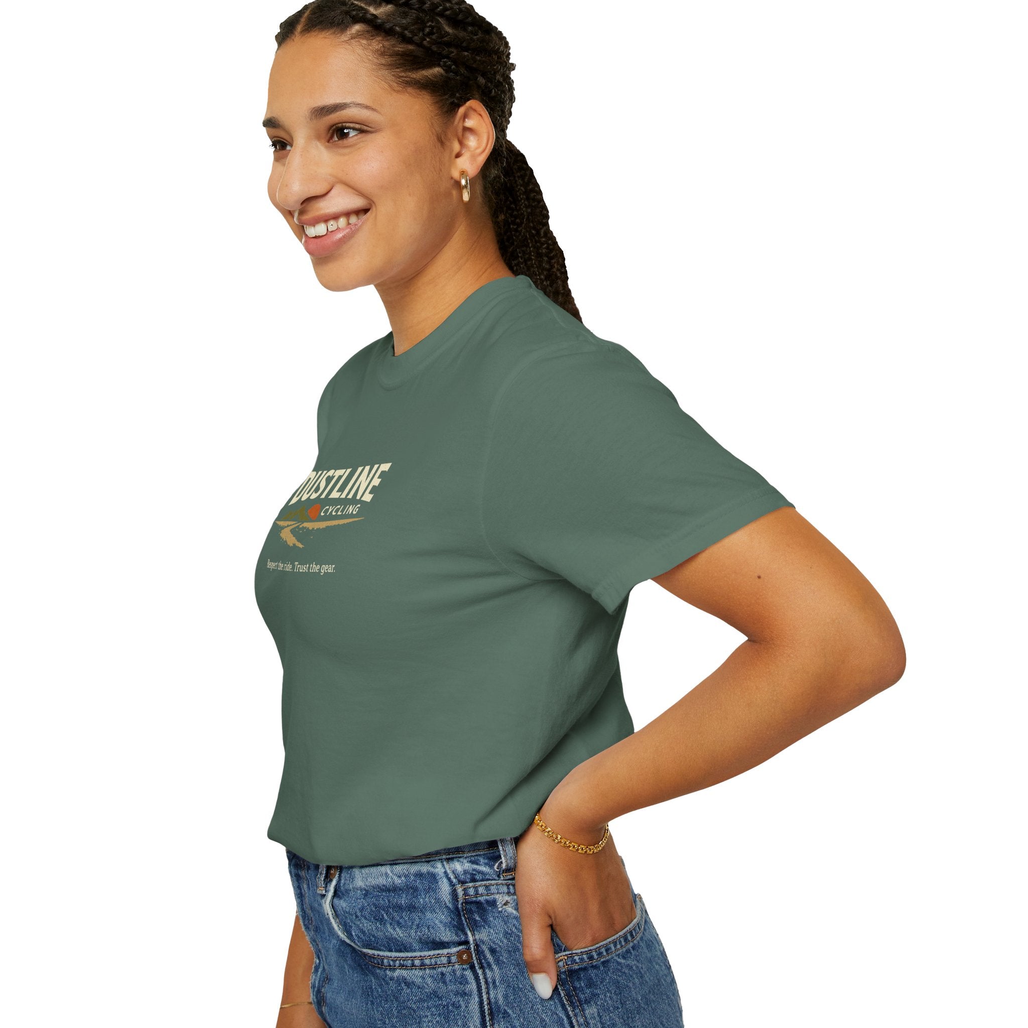 Dustline Cycling T-Shirt — Mountain Ride Graphic Tee ("Respect the ride. Trust the gear.")