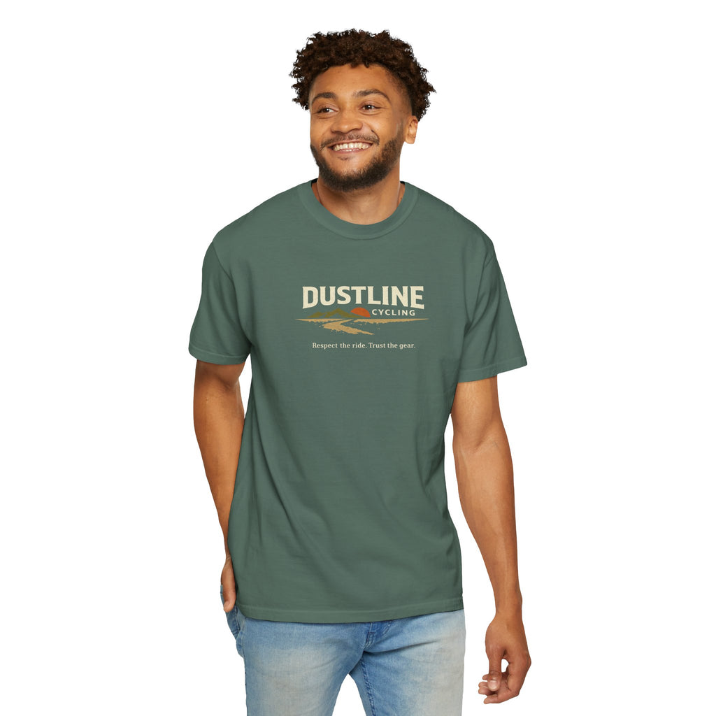 Dustline Cycling T-Shirt — Mountain Ride Graphic Tee ("Respect the ride. Trust the gear.")