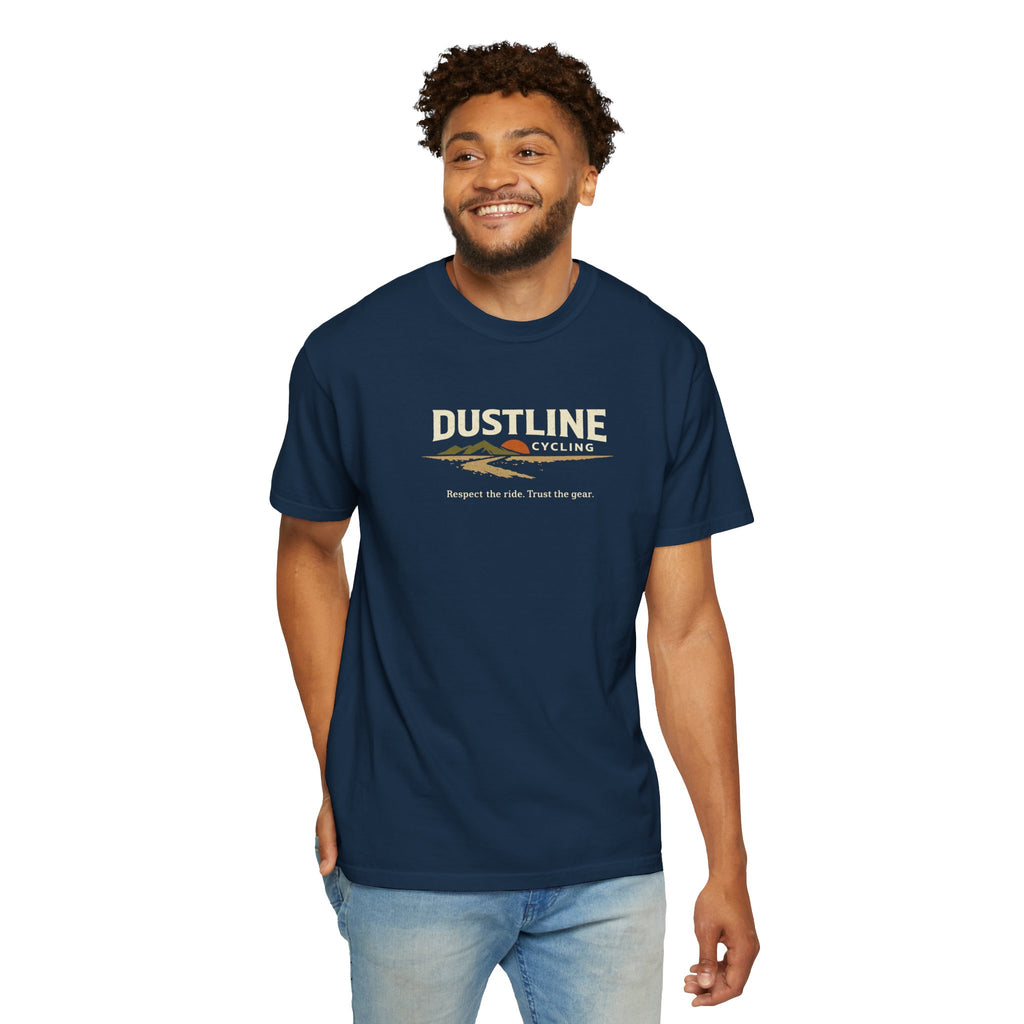 Dustline Cycling T-Shirt — Mountain Ride Graphic Tee ("Respect the ride. Trust the gear.")