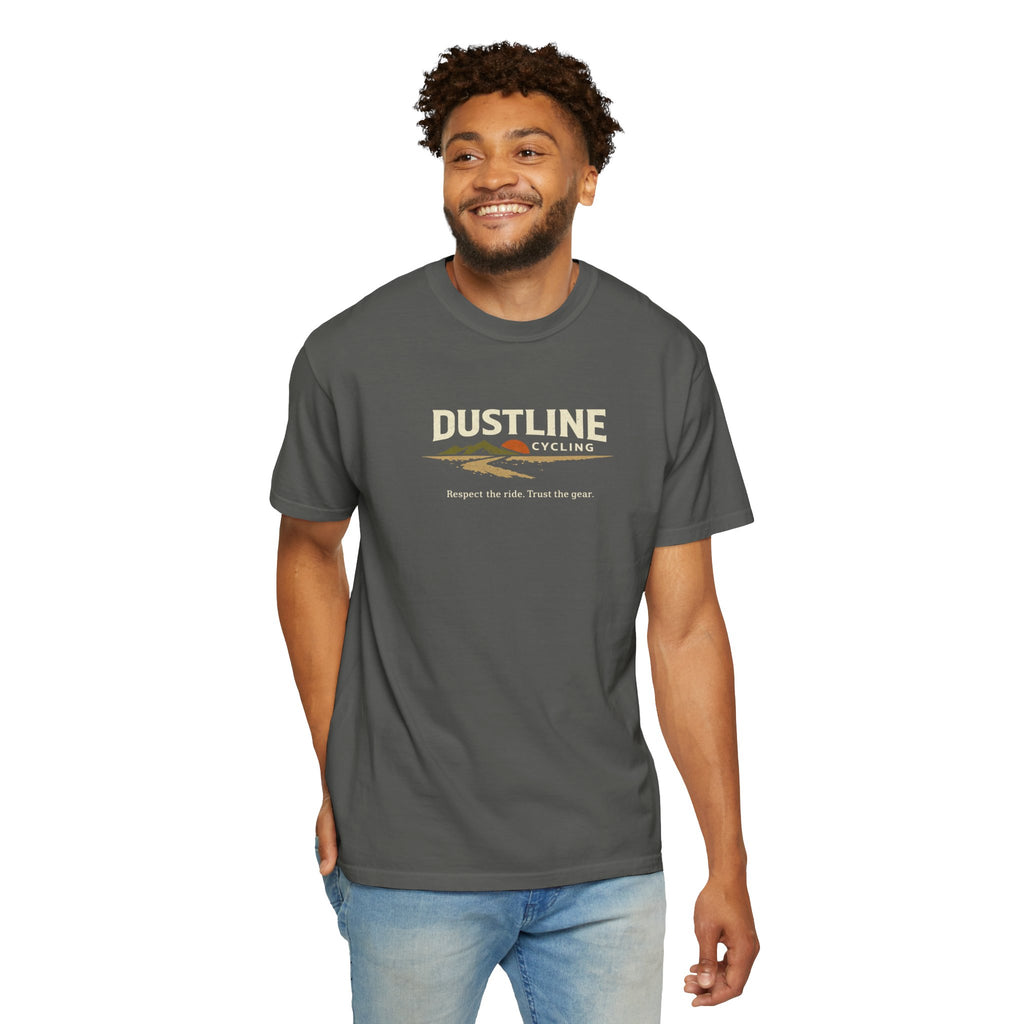 Dustline Cycling T-Shirt — Mountain Ride Graphic Tee ("Respect the ride. Trust the gear.")