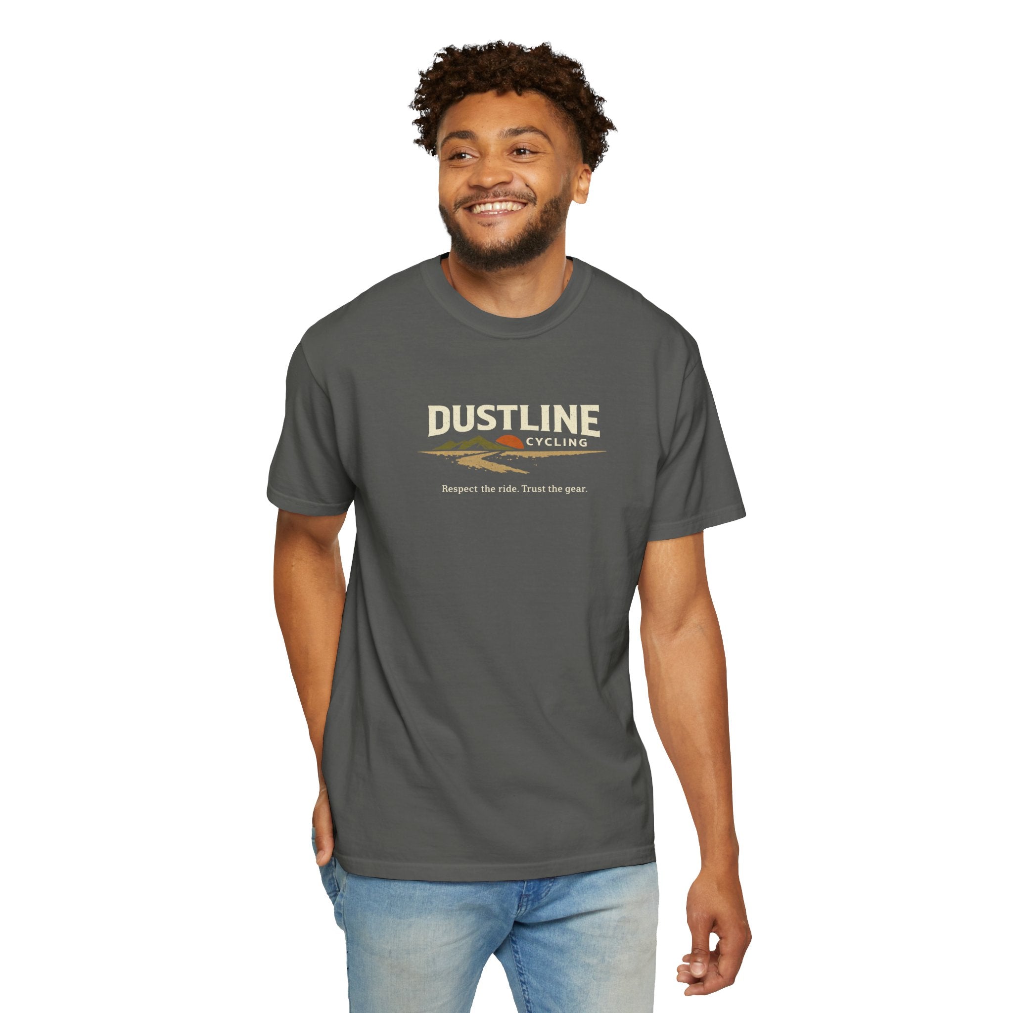 Dustline Cycling T-Shirt — Mountain Ride Graphic Tee ("Respect the ride. Trust the gear.")
