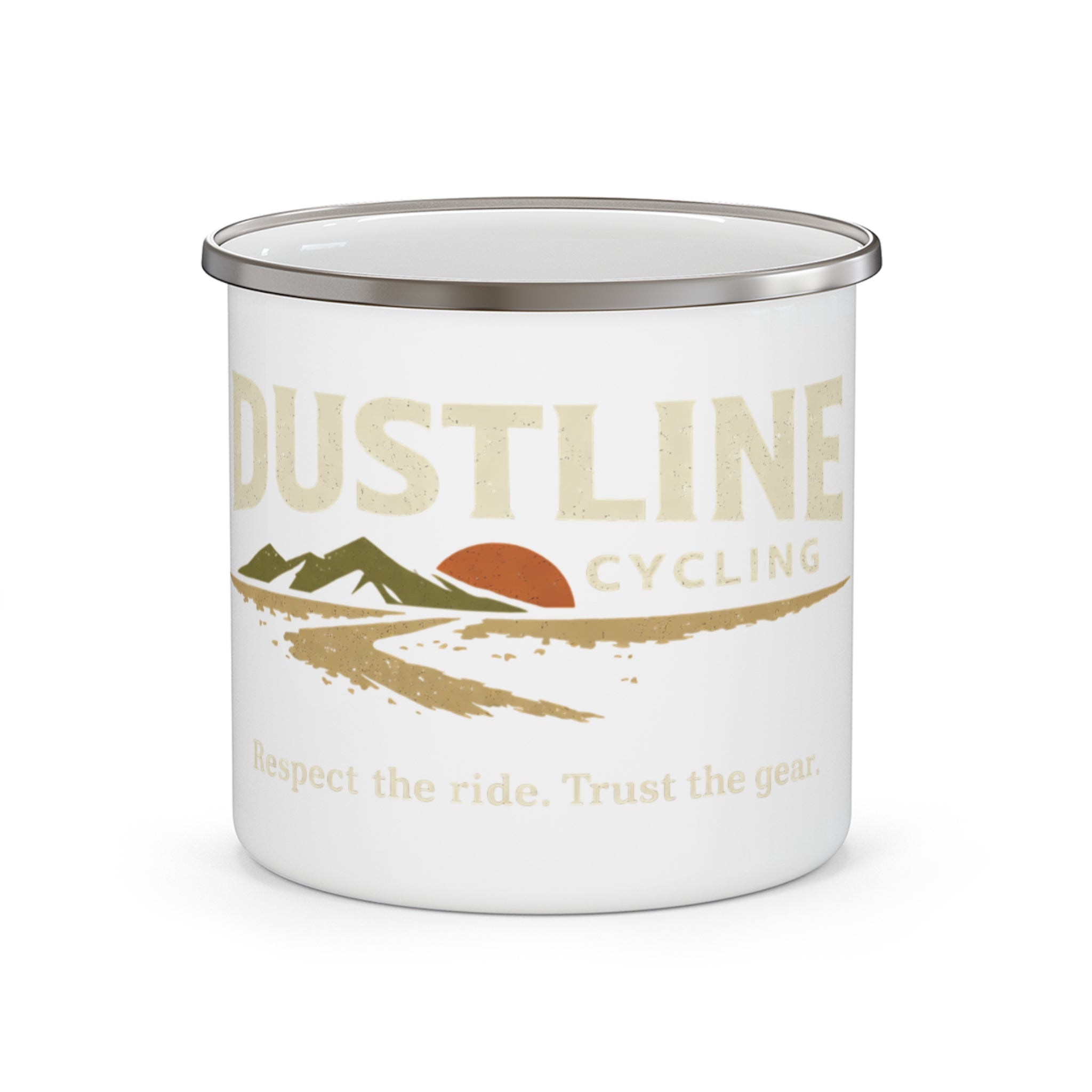 Dustline Cycling Enamel Camp Mug — Retro Mountain Bike Coffee Cup