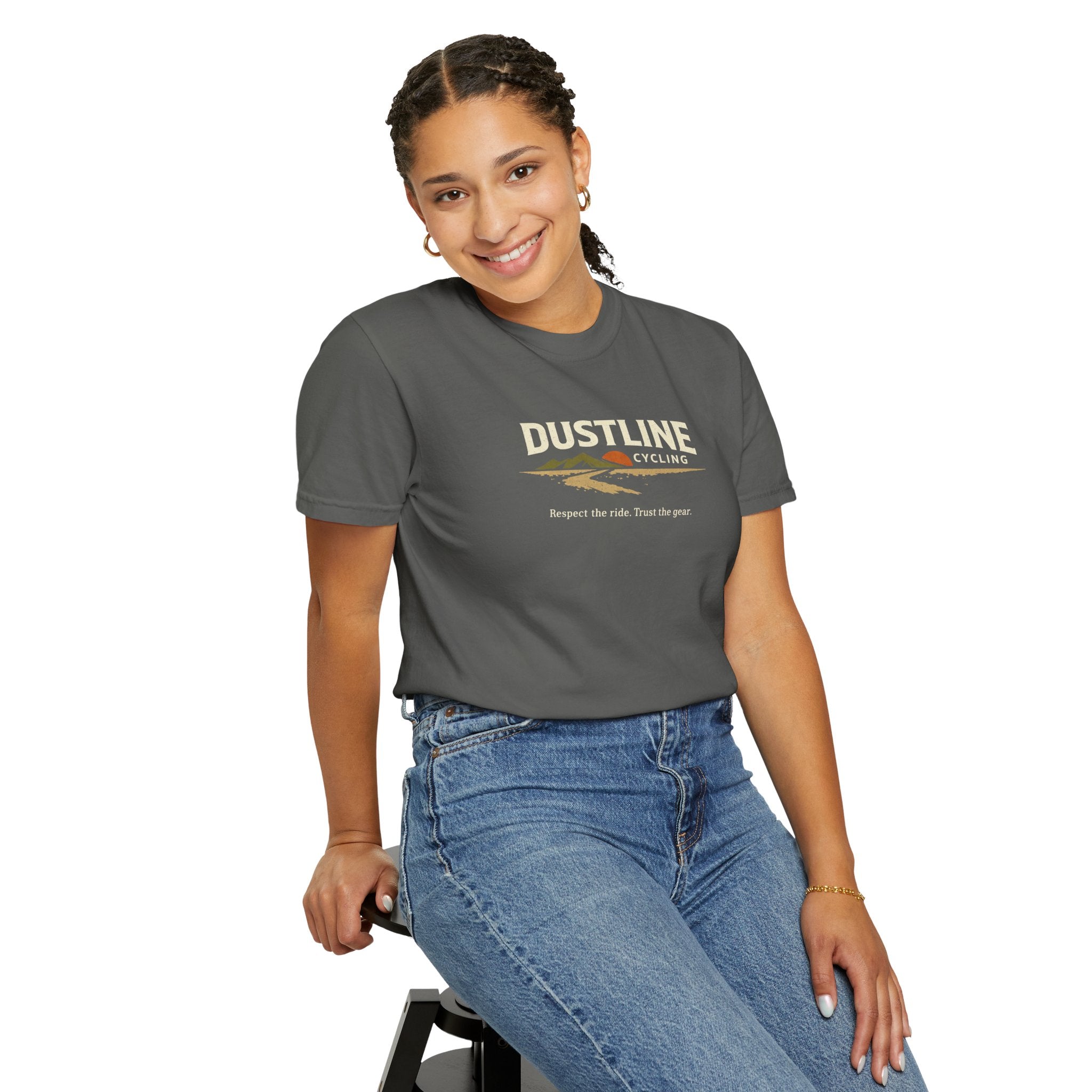 Dustline Cycling T-Shirt — Mountain Ride Graphic Tee ("Respect the ride. Trust the gear.")