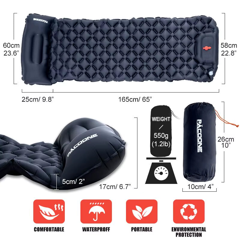 Outdoor Camping Inflatable Mattress Sleeping Pad with Pillows Ultralight Air Mat Built in Inflator Pump Hiking
