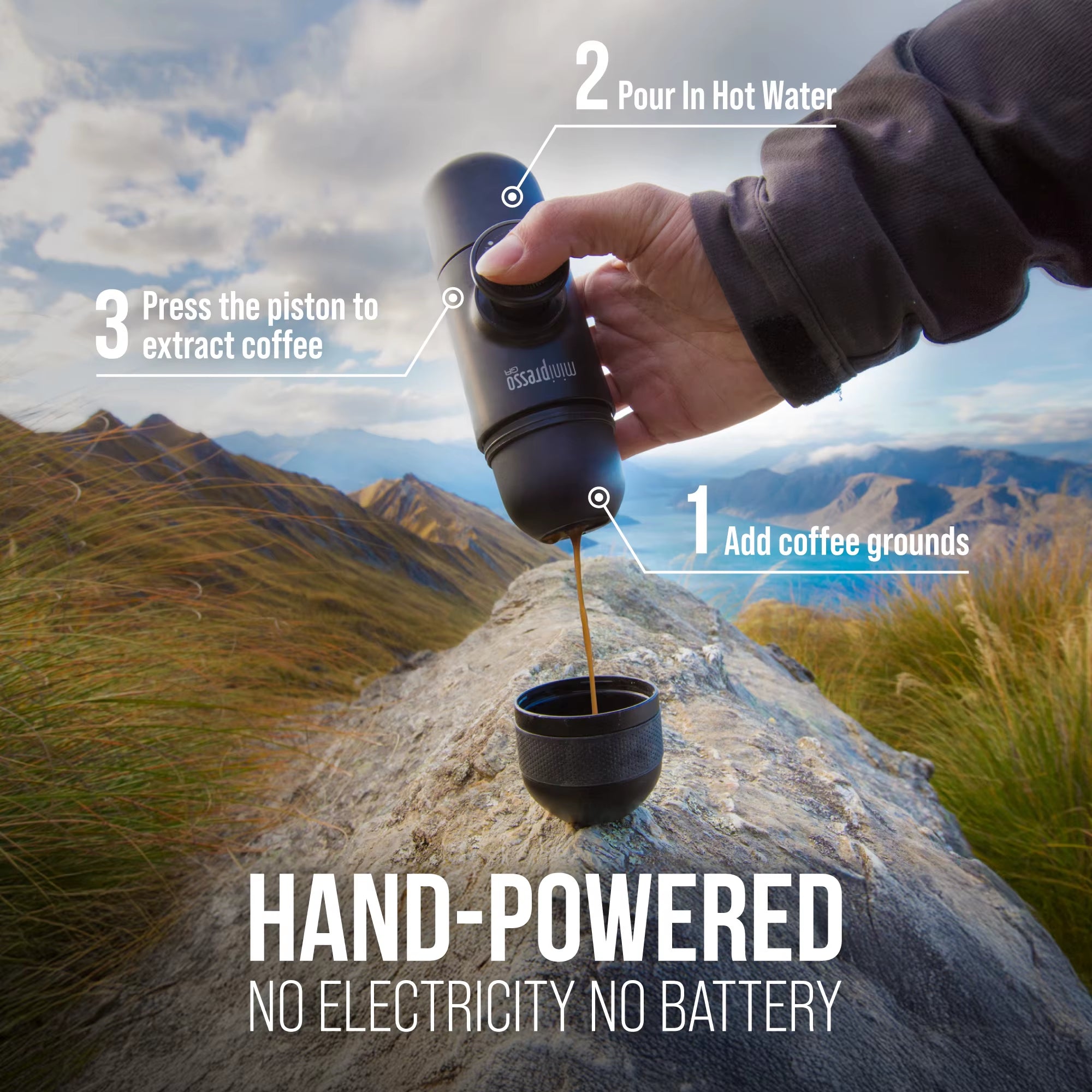 Minipresso GR, Portable Espresso Coffee Machine, Compatible Ground Coffee, Small/Mini Travel Coffee Maker.